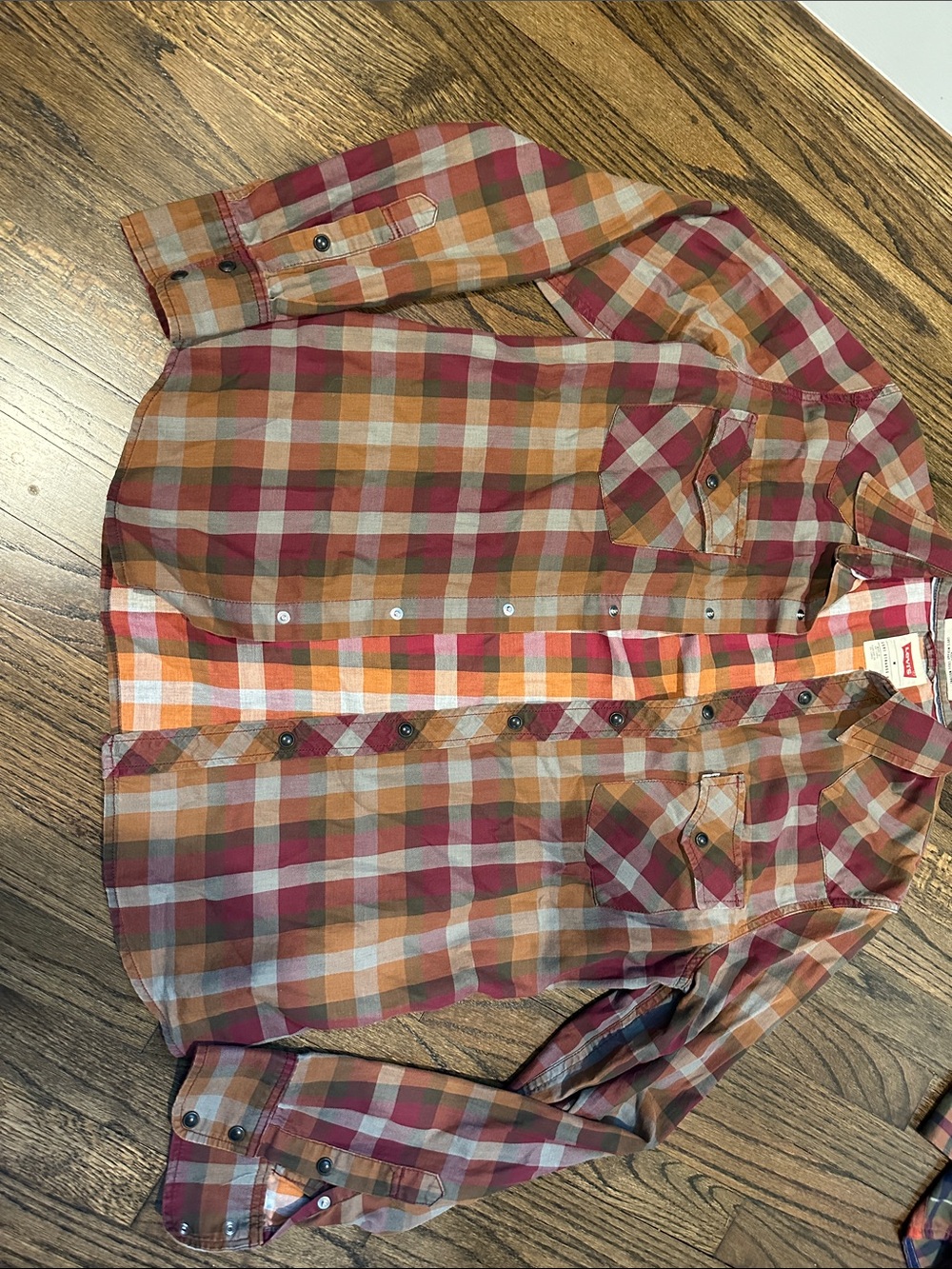Men's Plaid Button-Up Shirt - Red, Orange, Green & Cream